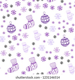 Light Purple, Pink vector seamless texture with colored snowflakes, balls, socks, mittens. Colorful illustration with xmas symbols. Pattern for design of fabric, wallpapers.