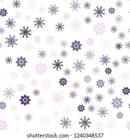 Light Purple, Pink vector seamless layout with bright snowflakes. Shining colored illustration with snow in christmas style. Pattern for design of fabric, wallpapers.