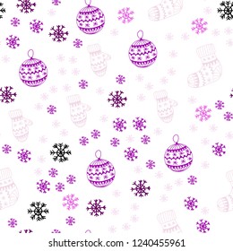 Light Purple, Pink vector seamless cover with beautiful snowflakes, balls, socks, mittens. Glitter abstract illustration with gradient. Template for business cards, websites.