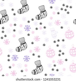 Light Purple, Pink vector seamless cover with beautiful snowflakes, balls, socks, mittens. Colorful illustration with xmas symbols. Design for wallpaper, fabric makers.