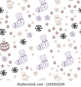 Light Purple, Pink vector seamless cover with beautiful snowflakes, balls, socks, mittens. Colorful xmas elements with gradient. Pattern for design of fabric, wallpapers.