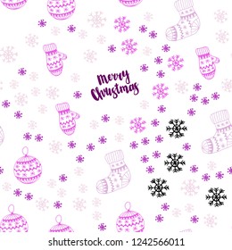 Light Purple, Pink vector seamless background with xmas snowflakes, balls, socks, mittens. Glitter abstract illustration with gradient. Design for wallpaper, fabric makers.