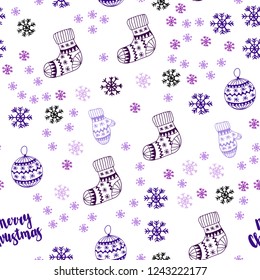 Light Purple, Pink vector seamless background with xmas snowflakes, balls, socks, mittens. Colorful illustration with xmas symbols. Design for textile, fabric, wallpapers.