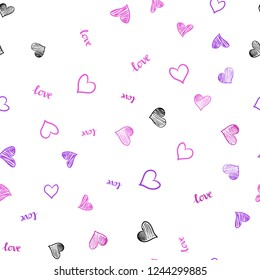 Light Purple, Pink vector seamless cover with quote LOVE YOU, hearts. Illustration with phrase LOVE YOU, hearts for valentine's day. Texture for window blinds, curtains.