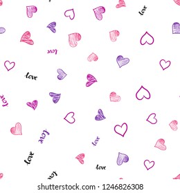 Light Purple, Pink vector seamless template with text LOVE YOU, hearts. Illustration with words of love, hearts in abstract style. Design for wallpaper, fabric makers.