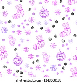 Light Purple, Pink vector seamless pattern with christmas snowflakes, balls, socks, mittens. Colorful decorative design in xmas style. Design for wallpaper, fabric makers.
