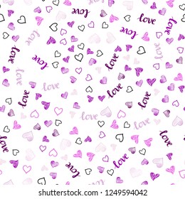 Light Purple, Pink vector seamless backdrop with phrase LOVE YOU, hearts. Design in doodle style with text LOVE YOU, hearts. Design for wallpaper, fabric makers.