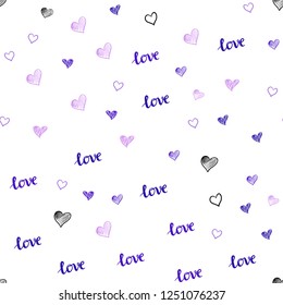 Light Purple, Pink vector seamless backdrop with phrase LOVE YOU, hearts. Design in doodle style with text LOVE YOU, hearts. Pattern for design of fabric, wallpapers.