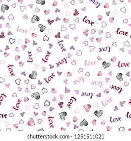 Light Purple, Pink vector seamless cover with quote LOVE YOU, hearts. Design in doodle style with text LOVE YOU, hearts. Design for textile, fabric, wallpapers.