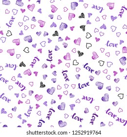 Light Purple, Pink vector seamless cover with quote LOVE YOU, hearts. Romantic illustration with colorful phrase LOVE YOU, hearts. Template for business cards, websites.