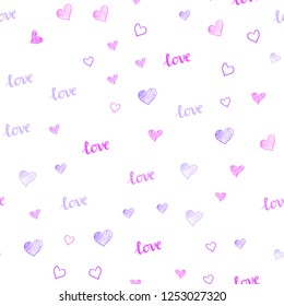 Light Purple, Pink vector seamless pattern with phrase LOVE YOU, hearts. Illustration with phrase LOVE YOU, hearts for valentine's day. Texture for window blinds, curtains.