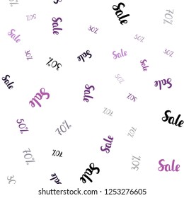 Light Purple, Pink vector seamless texture with selling prices 30, 50, 70 %. Gradient illustration with discount signs on white backdrop. Pattern for ads, posters, banners of sales.