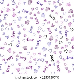 Light Purple, Pink vector seamless backdrop with phrase LOVE YOU, hearts. Design in doodle style with text LOVE YOU, hearts. Design for wallpaper, fabric makers.