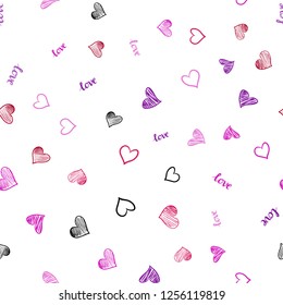 Light Purple, Pink vector seamless template with text LOVE YOU, hearts. Romantic illustration with colorful phrase LOVE YOU, hearts. Design for textile, fabric, wallpapers.