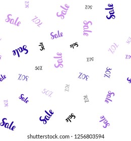 Light Purple, Pink vector seamless background with 30, 50, 70 % signs of sales. Colored words of sales with gradient on white background. Pattern for ads, posters, banners of sales.