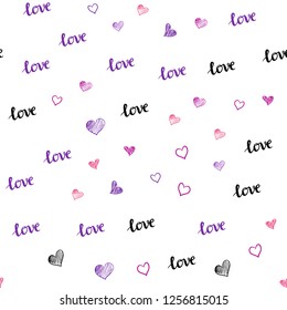 Light Purple, Pink vector seamless texture with words LOVE YOU, hearts. Illustration with phrase LOVE YOU, hearts for valentine's day. Design for textile, fabric, wallpapers.