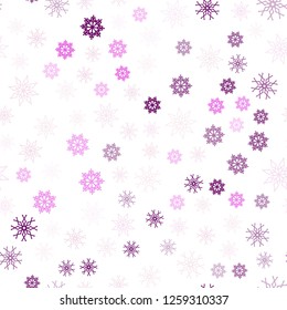 Light Purple, Pink vector seamless layout with bright snowflakes. Decorative shining illustration with snow on abstract template. Trendy design for wallpaper, fabric makers.