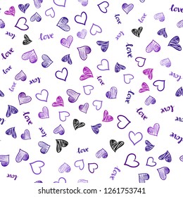 Light Purple, Pink vector seamless background with words of love, hearts. Romantic illustration with colorful phrase LOVE YOU, hearts. Pattern for design of fabric, wallpapers.