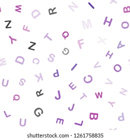Light Purple, Pink vector seamless background with signs of alphabet. Modern geometrical illustration with ABC english symbols. Design for textile, fabric, wallpapers.