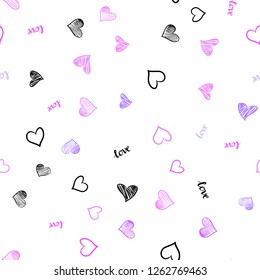 Light Purple, Pink vector seamless texture with words LOVE YOU, hearts. Illustration with phrase LOVE YOU, hearts for valentine's day. Template for business cards, websites.