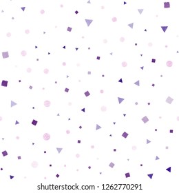 Light Purple, Pink vector seamless pattern with polygonal style with circles. Glitter abstract illustration with spheres, squares, lines. Pattern for trendy fabric, wallpapers.