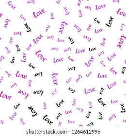 Light Purple, Pink vector seamless pattern with phrase LOVE YOU. Decorative illustration with words of love in abstract style. Texture for window blinds, curtains.