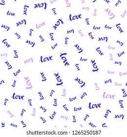 Light Purple, Pink vector seamless background with words of love. Decorative illustration with words of love in abstract style. Texture for window blinds, curtains.