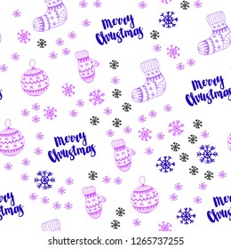 Light Purple, Pink vector seamless template with ice snowflakes, balls, socks, mittens. Glitter abstract illustration with gradient. Texture for window blinds, curtains.