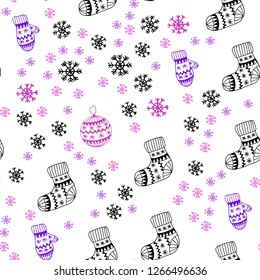 Light Purple, Pink vector seamless texture with colored snowflakes, balls, socks, mittens. Colorful illustration with xmas symbols. Design for textile, fabric, wallpapers.
