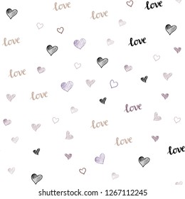 Light Purple, Pink vector seamless background with words of love, hearts. Illustration with phrase LOVE YOU, hearts for valentine's day. Texture for window blinds, curtains.