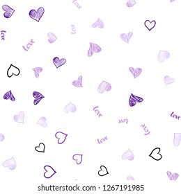 Light Purple, Pink vector seamless pattern with phrase LOVE YOU, hearts. Design in doodle style with text LOVE YOU, hearts. Pattern for design of fabric, wallpapers.