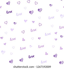 Light Purple, Pink vector seamless template with text LOVE YOU, hearts. Illustration with words of love, hearts in abstract style. Pattern for design of fabric, wallpapers.