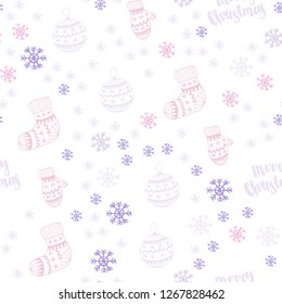 Light Purple, Pink vector seamless template with ice snowflakes, balls, socks, mittens. Colorful decorative design in xmas style. Pattern for trendy fabric, wallpapers.