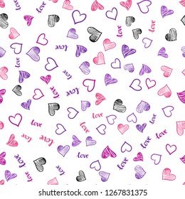 Light Purple, Pink vector seamless background with words of love, hearts. Colorful illustration with quote LOVE YOU, hearts. Pattern for design of fabric, wallpapers.