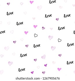 Light Purple, Pink vector seamless template with text LOVE YOU, hearts. Illustration with words of love, hearts in abstract style. Texture for window blinds, curtains.
