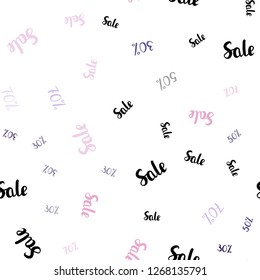 Light Purple, Pink vector seamless texture with selling prices 30, 50, 70 %. Colorful set of  percentage signs in simple style. Pattern for ads, posters, banners of sales.
