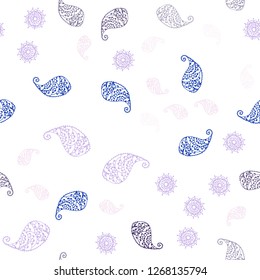 Light Purple, Pink vector seamless doodle pattern with leaves and flowers. Decorative design in Indian style on white background. Texture for window blinds, curtains.