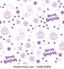 Light Purple, Pink vector seamless template with ice snowflakes, balls, socks, mittens. Colorful xmas elements with gradient. Design for textile, fabric, wallpapers.