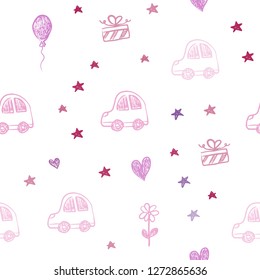 Light Purple, Pink vector seamless template with carnival elements. Illustration with a colorful toy car, heart, baloon, tulip, candy, ball. Pattern for birthday gifts.