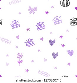Light Purple, Pink vector seamless template in carnival style. Shining illustration with aheart, baloon, candy, gift, star, ribbon. Pattern for birthday gifts.