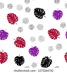 Light Purple, Pink vector seamless abstract background with flowers, leaves. Leaves and flowers with gradient on white background. Template for business cards, websites.
