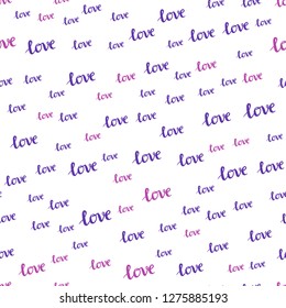 Light Purple, Pink vector seamless cover with quote LOVE YOU. Decorative design in doodle style with text LOVE YOU. Pattern for trendy fabric, wallpapers.