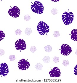 Light Purple, Pink vector seamless natural background with flowers, leaves. Leaves, flowers in natural style on white background. Design for textile, fabric, wallpapers.