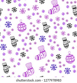 Light Purple, Pink vector seamless texture with colored snowflakes, balls, socks, mittens. Colorful xmas elements with gradient. Template for business cards, websites.