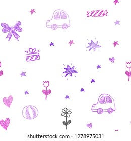 Light Purple, Pink vector seamless background with xmas attributes. Abstract illustration with a toy car, heart, baloon, tulip, candy, ball. Pattern for birthday gifts.