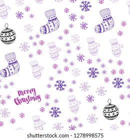 Light Purple, Pink vector seamless background with xmas snowflakes, balls, socks, mittens. Shining colorful illustration in christmas style. Template for business cards, websites.