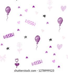 Light Purple, Pink vector seamless template in carnival style. Illustration with a colorfulheart, baloon, candy, gift, star, ribbon. Template for new year postcards.