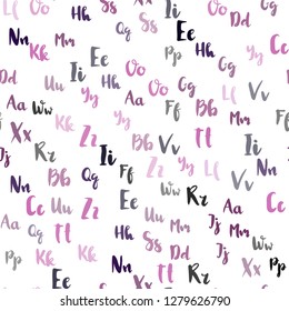Light Purple, Pink vector seamless background with signs of alphabet. Colored alphabet signs with gradient on white background. Pattern for trendy fabric, wallpapers.