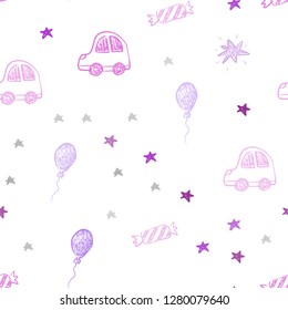 Light Purple, Pink vector seamless layout in new year style. Design in xmas style with a toy car, baloon, candy, star, ball. Design for holiday adverts.