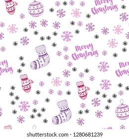 Light Purple, Pink vector seamless template with ice snowflakes, balls, socks, mittens. Colorful illustration with xmas symbols. Design for textile, fabric, wallpapers.